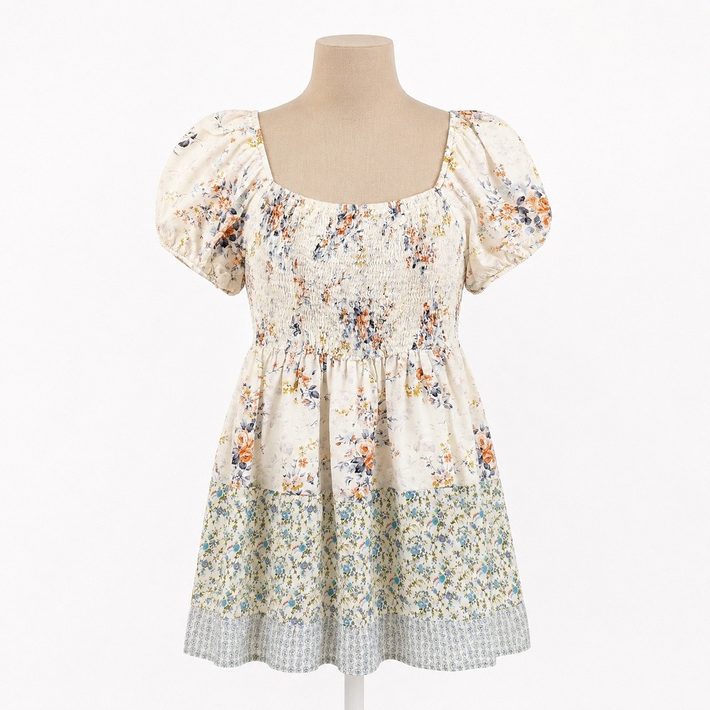 Y2K Floral 100% Cotton Babydoll Top Size S White Boho Patchwork Peasant Cottage